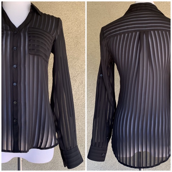 🔥5/$20🔥 Black Chiffon Shirt Sheer Stripes - Picture 2 of 8